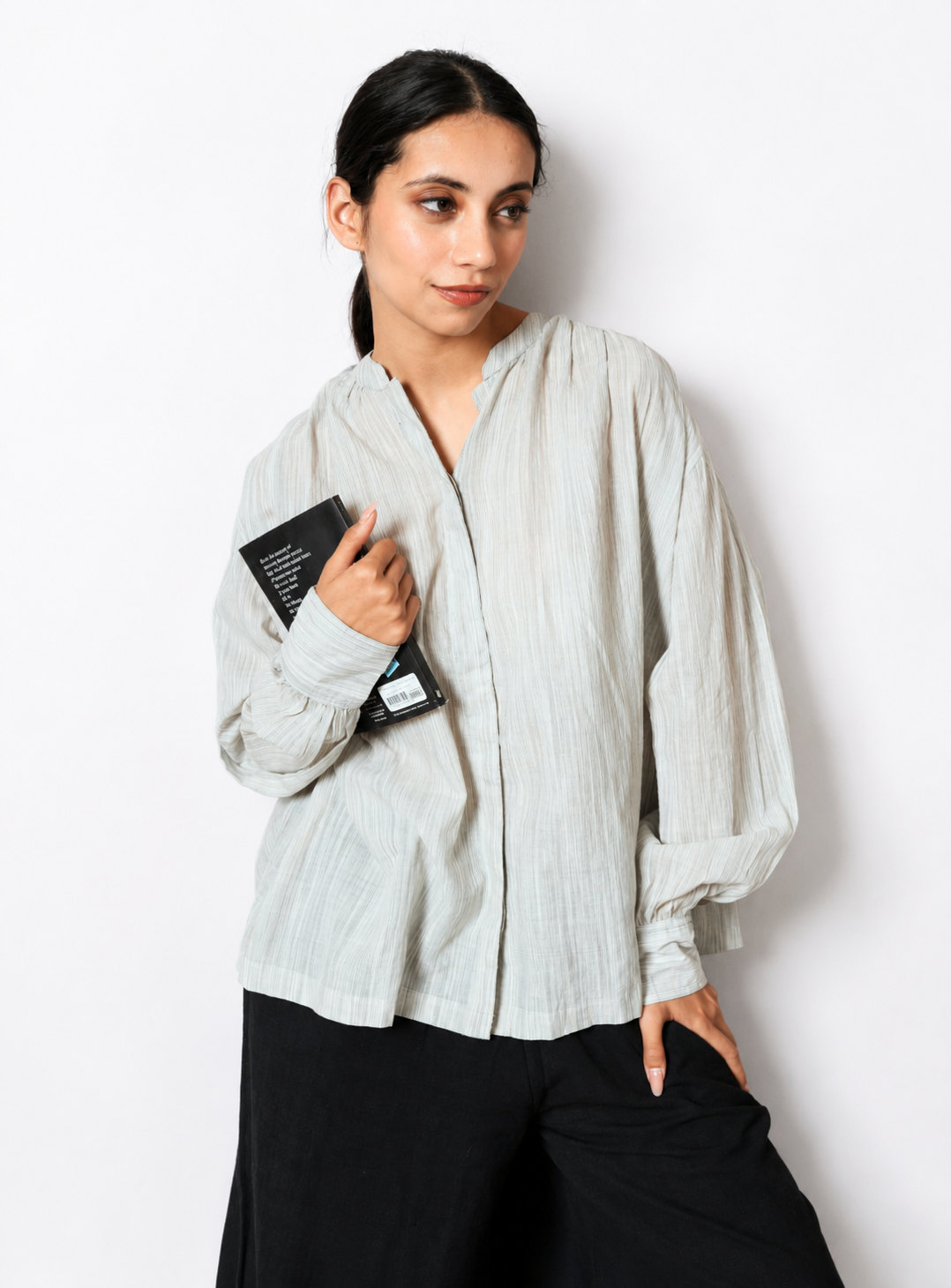 Ino Blouse in Grey Yarn Tie-Dye Handwoven Cotton