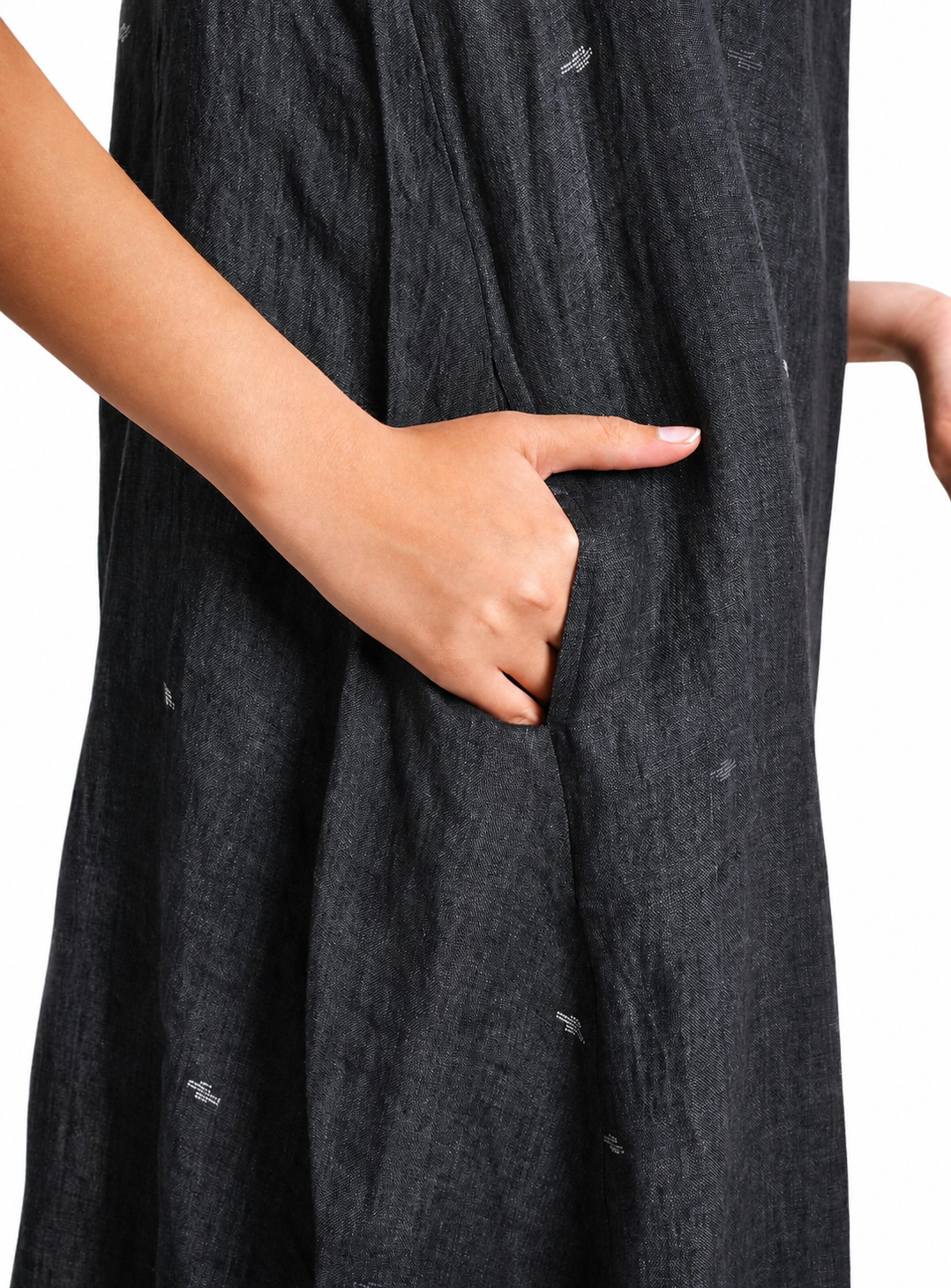 Artisav Chika Handwoven Linen Jamdani Long Dress for Women, Black Relaxed Fit Dress