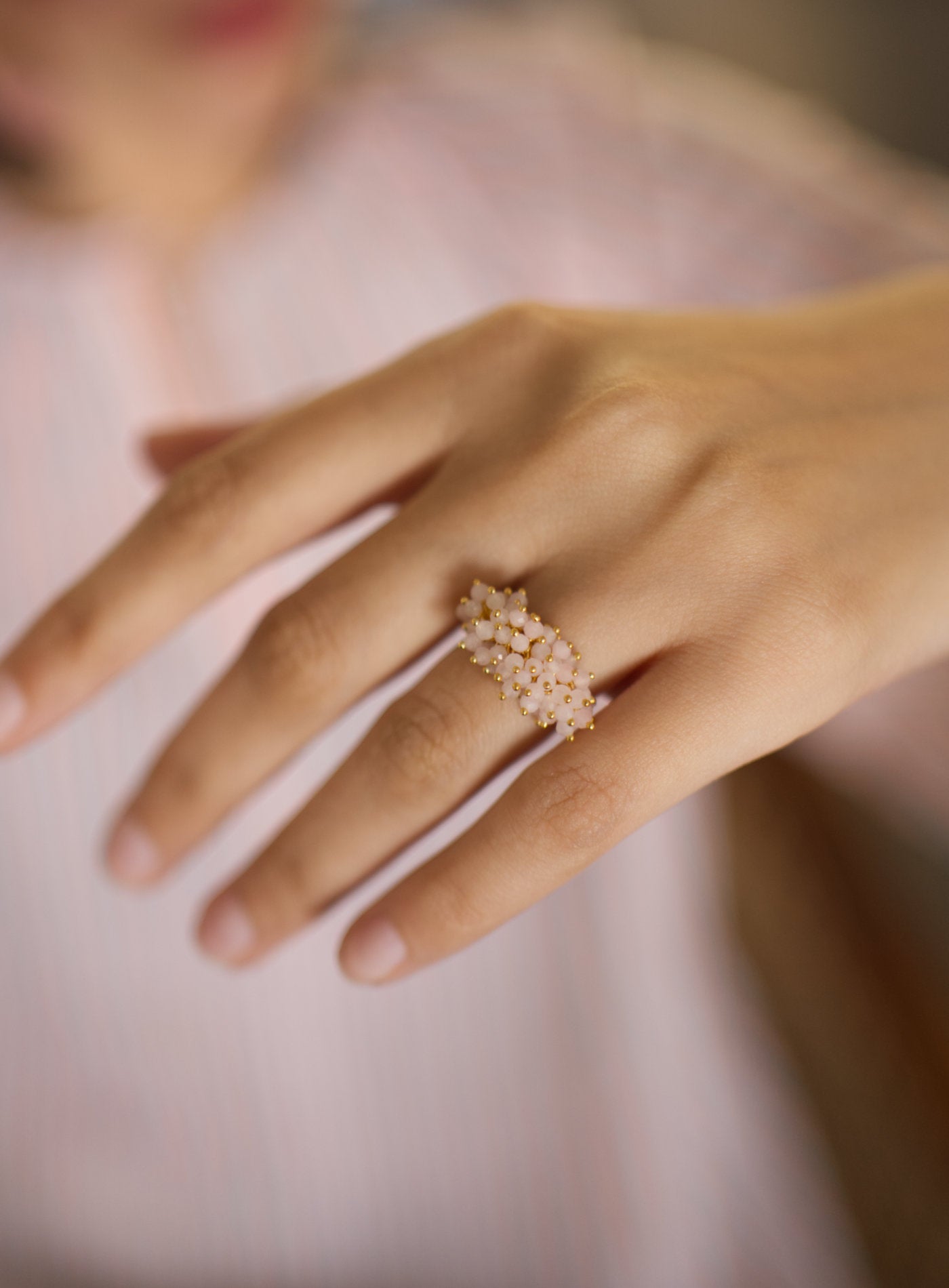 Rose Quartz Cluster Ring in Silver 2 Micron Gold Plated Statement Ring