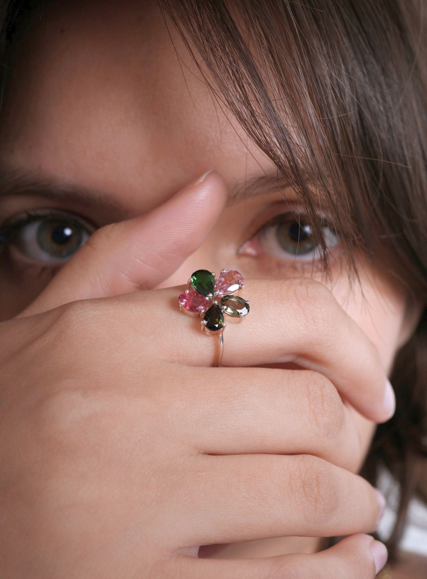 Silver 925 GP Multi Color Tourmaline Floral Ring